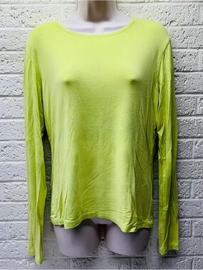 JONES NEW YORK Sz L Yellow-Green Long Sleeve Stretch Crewneck Blouse USA • VG‼